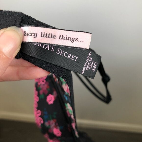 VICTORIA’S Secret  Sexy Little Thing Pink Embroidered Floral Black Bra 32C - Picture 5 of 6